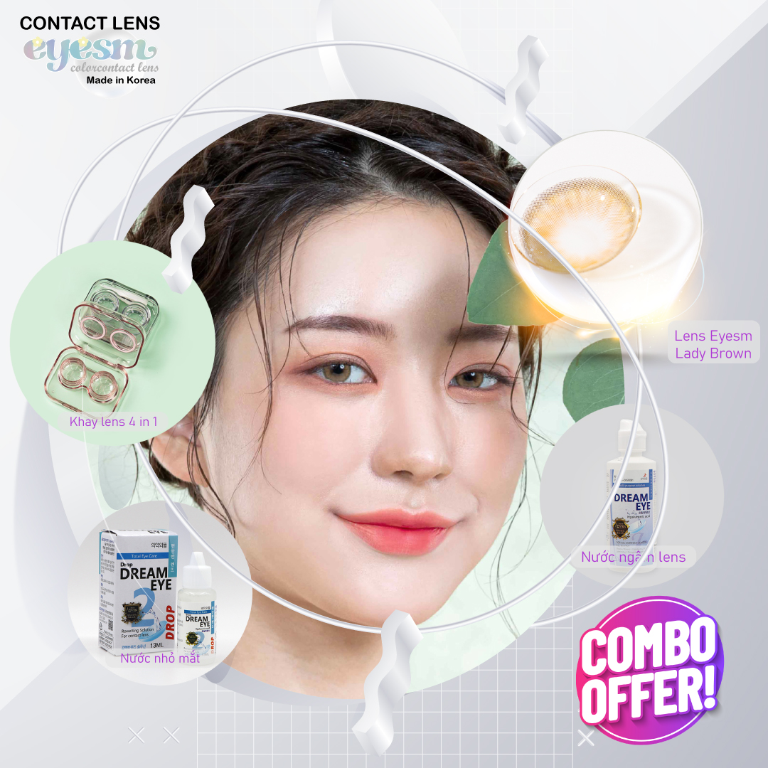 Kính áp tròng Eyesm Lady Brown - Combo Lens màu nâu sáng - Full phụ kiện