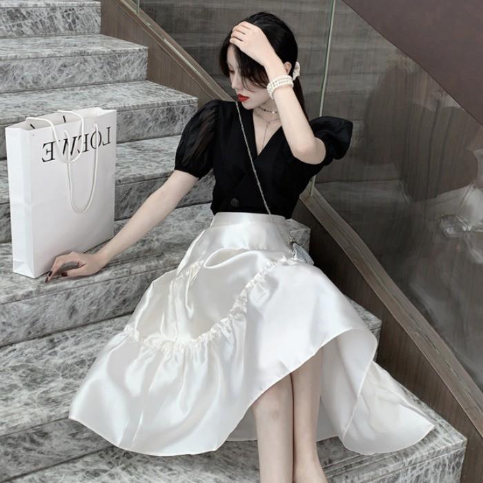Set đồ dự tiệc , du lịch áo tay phồng + chân váy xoè ẢNH THẬT CUỐI tông Trắng Đen J0253 HÀNG QUẢNG CHÂU J0253