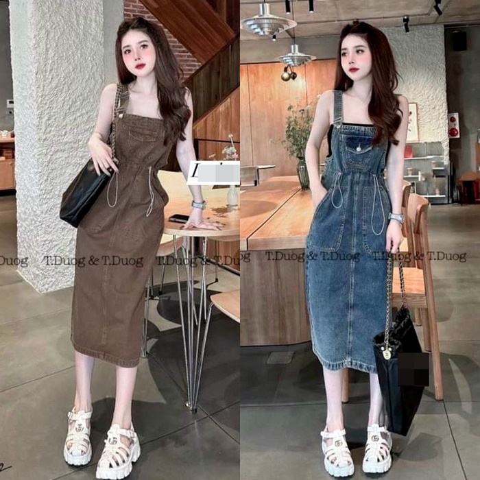 ĐẦM YẾM DÀI MIDI 2 DÂY KAKI JEANS DÂY RÚT LƯNG CAO LỬNG SUÔNG TRƠN DENIM ĐI CHƠI ĐI BIỂN ĐI TIỆC MÙA LẠNH DẠO PHỐ ĐI HỌC THỂ THAO -  XANH - L