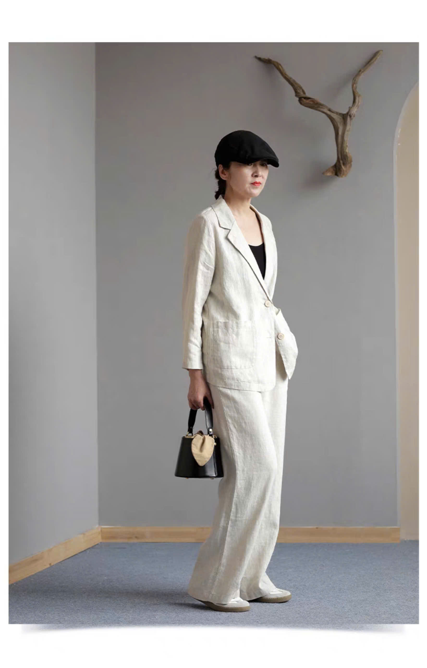 Set bộ áo khoác blazer tay dài và quần ống rộng cạp chun cực phong cách, tối giản, vintage