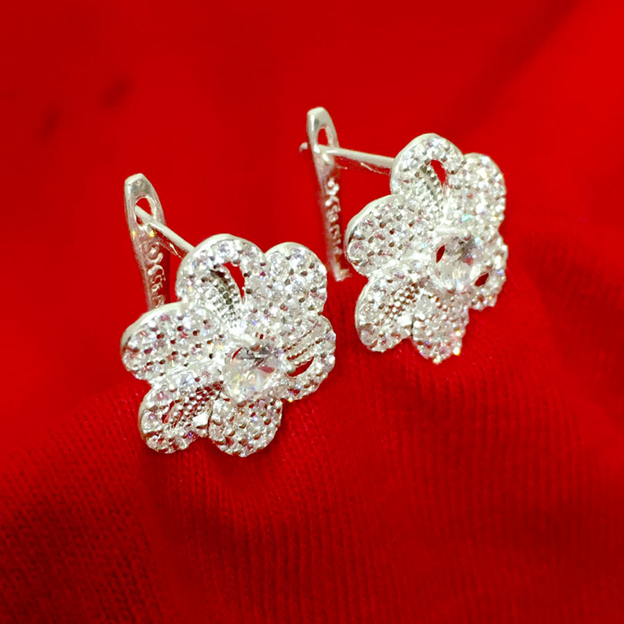 Bông tai nữ bạc 925 hình Hoa Đào kiểu khuyên đeo sát tai gắn đá rico cao cấp trang sức
