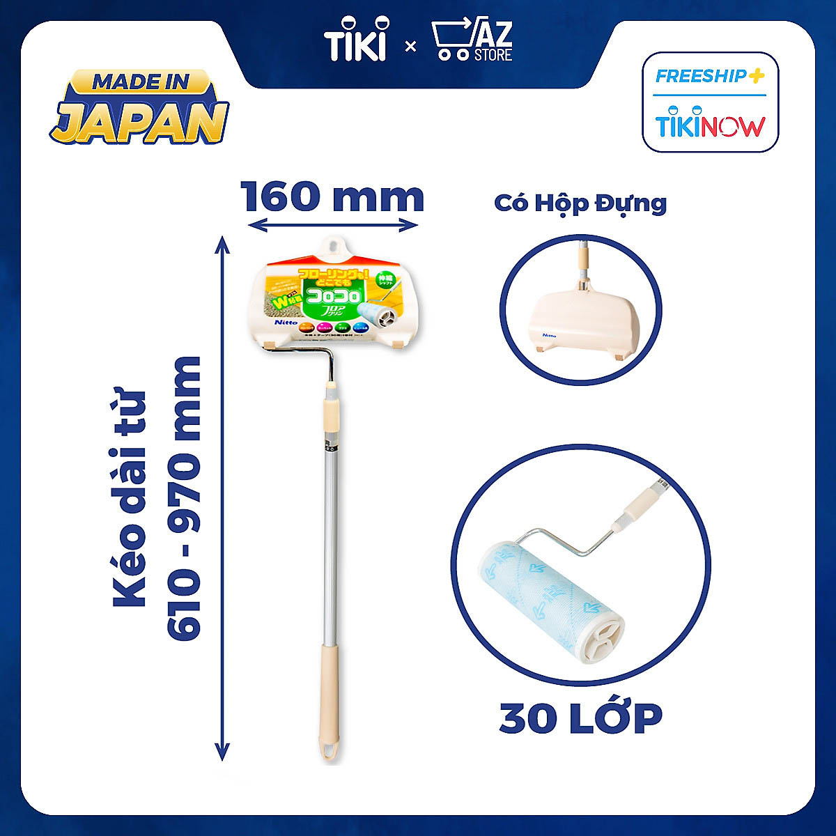 Cây Lăn Bụi Sàn Nhà Cán Dài COLOCOLO Nhật Bản - Tăng giảm chiều dài linh động 610mm-970mm