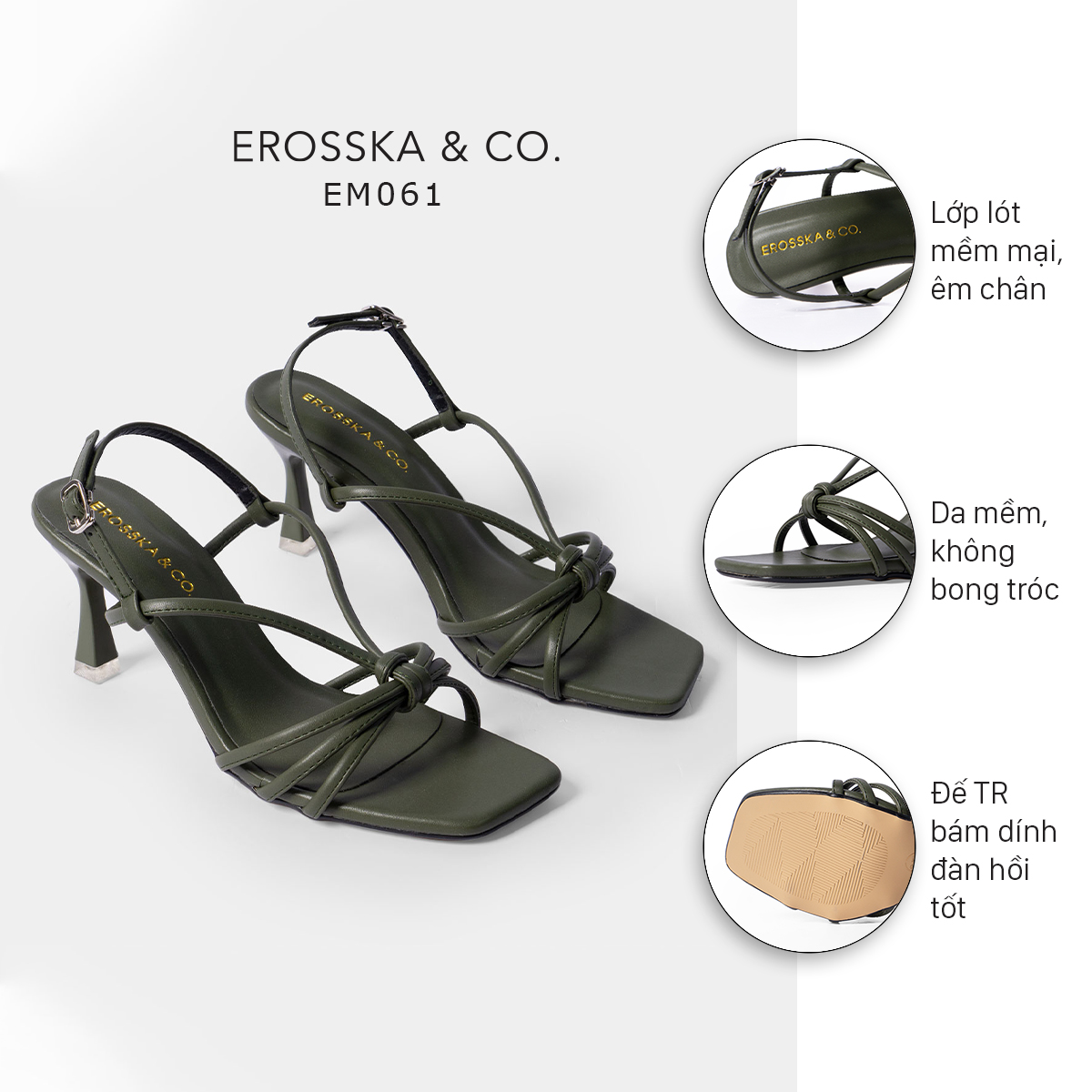 Giày sandal cao gót Erosska thời trang mũi vuông phối dây quai mảnh tinh tế cao 7cm EB028