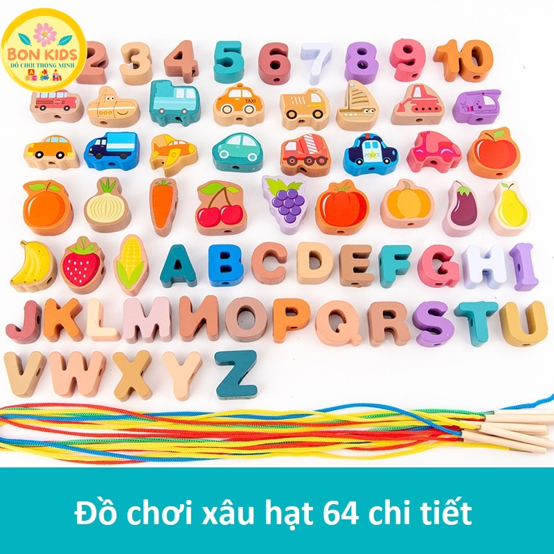 Đồ chơi xâu hạt gỗ 64 chi tiết nhiều chủ đề cho bé phát triển kỹ năng tư duy khéo léo - Đồ chơi thông minh cho bé