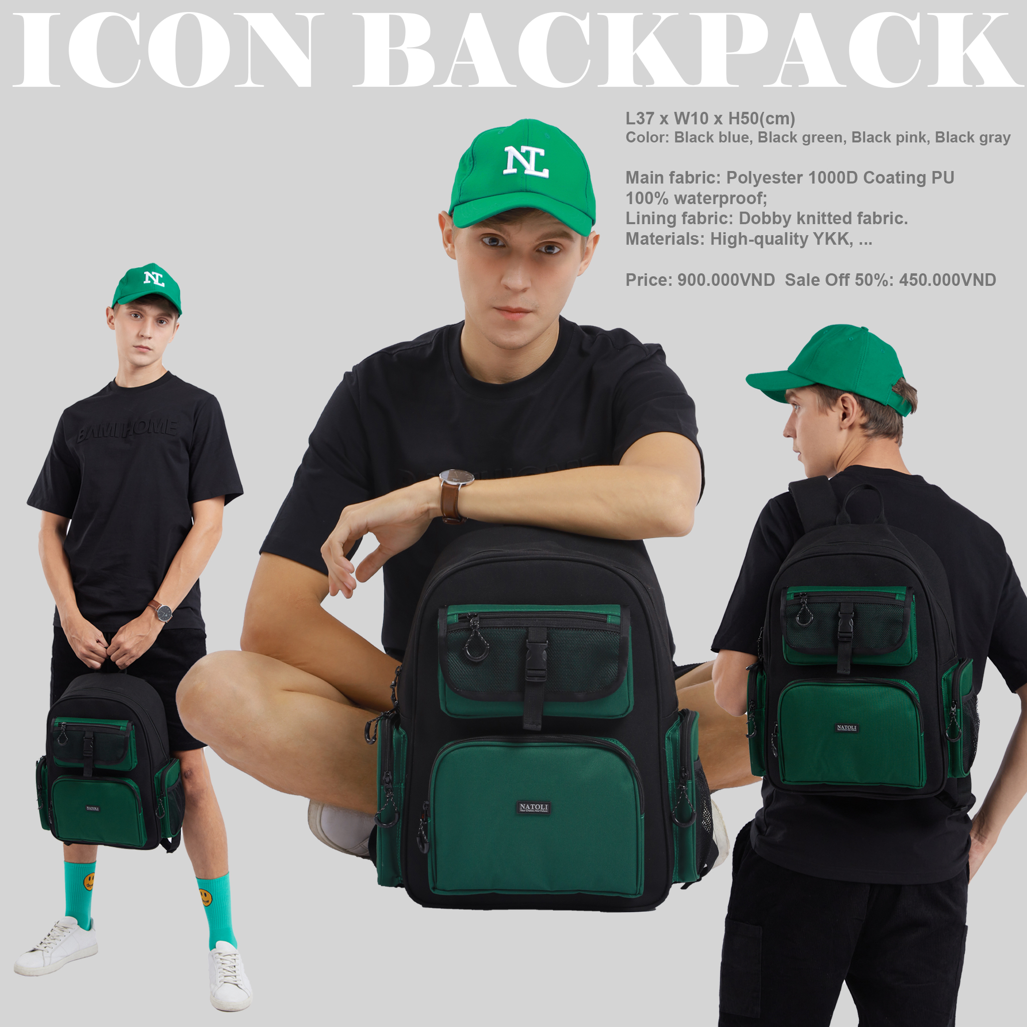 Balo unisex ICON BACKPACK chính hãng NATOLI chất vải canvas fashion kháng nước dày dặn chống sốc