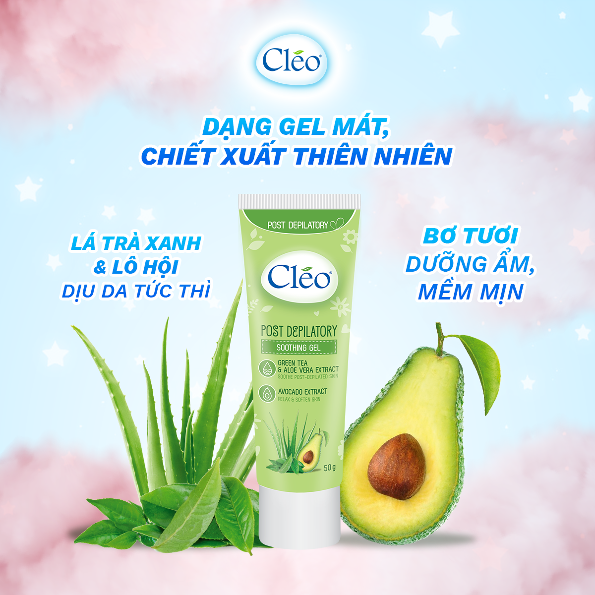 Gel làm dịu da sau tẩy lông Cléo giúp chậm mọc lông 50g - chiết xuất lá trà xanh thiên nhiên