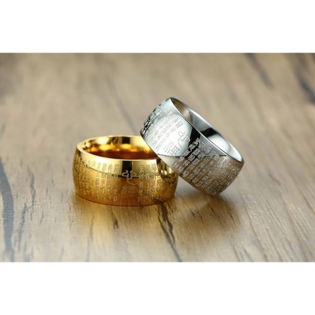 Nhẫn Tâm Chú Chú May Mắn Khắc Chìm Bản To 12MM-Không Phai Màu Dùng Tắm Rửa Thoải Mái