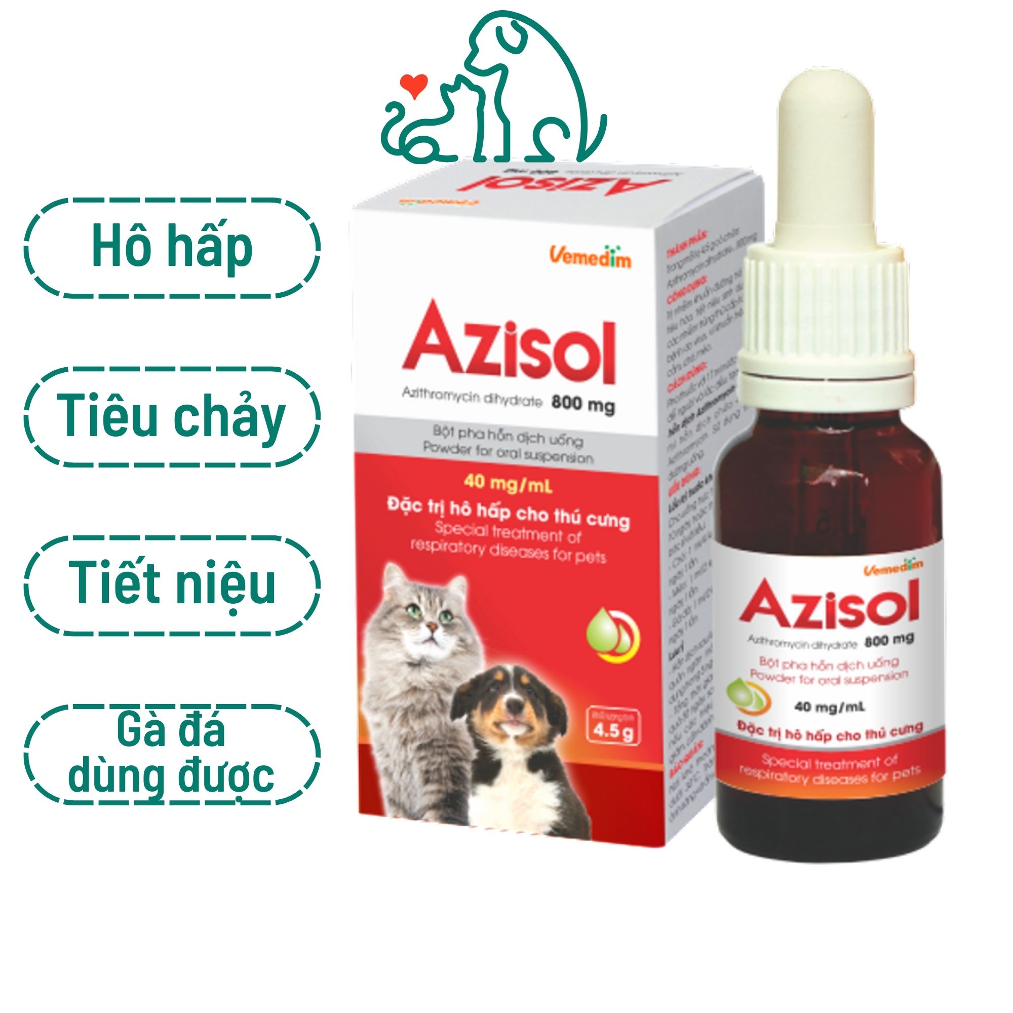 Vemedim Azisol bột pha uống cho chó mèo phòng hô hấp tiêu hóa chai 4.5g