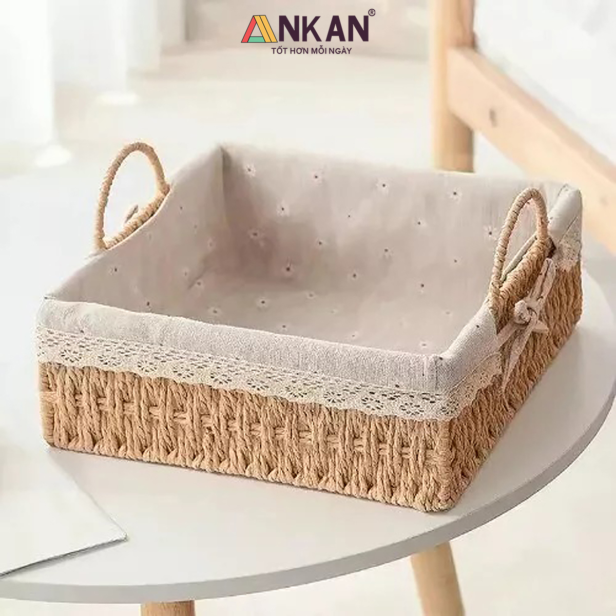 Giỏ Decor Hình Vuông Có Quai Xách – Đan Tay Thủ Công, Lót Vải Hoa Vintage, Trang Trí &amp; Đựng Đồ Đa Năng