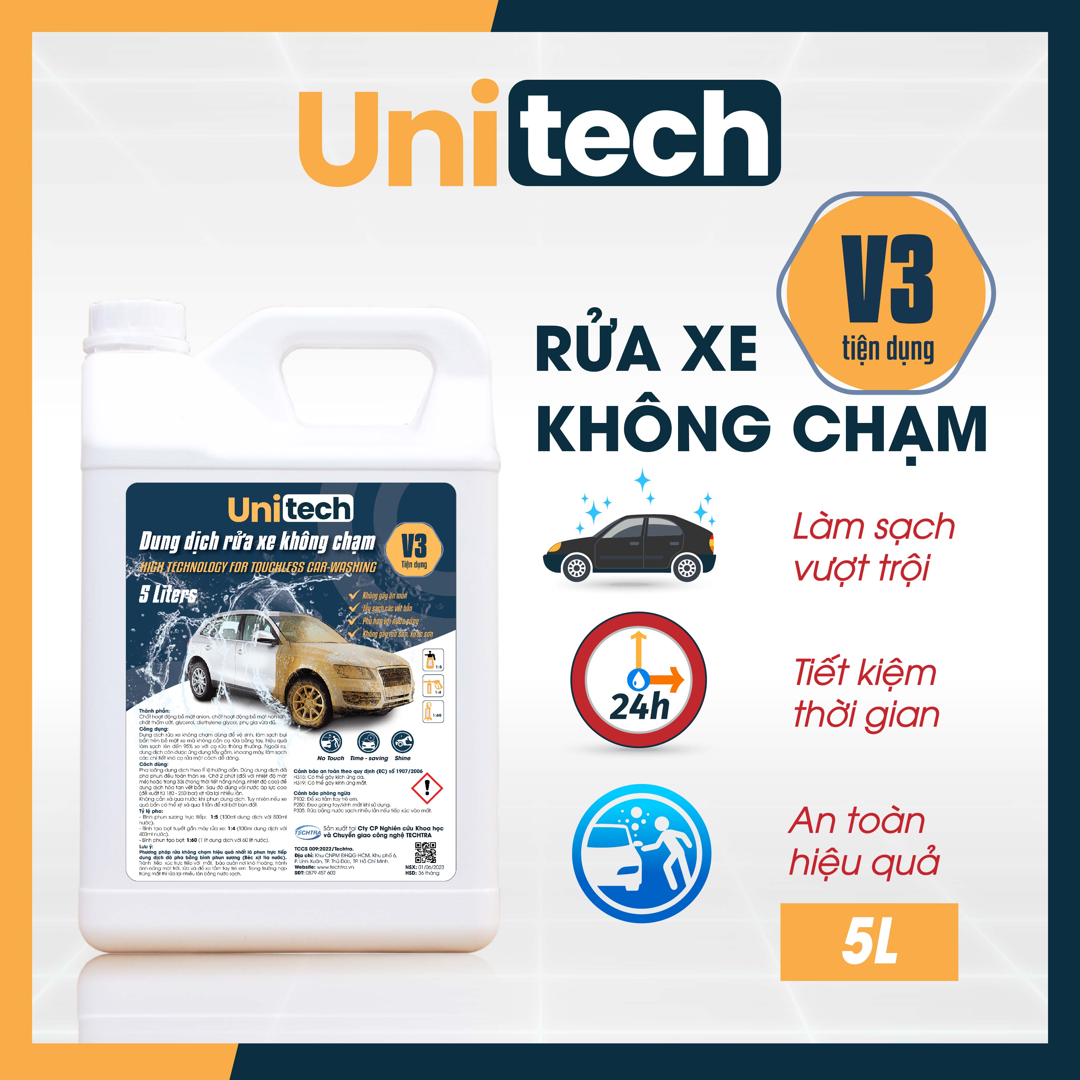 Nước rửa xe không chạm Unitech V3 | Xà phòng bọt tuyết rửa xe ô tô, xe máy siêu sạch (5 lít)