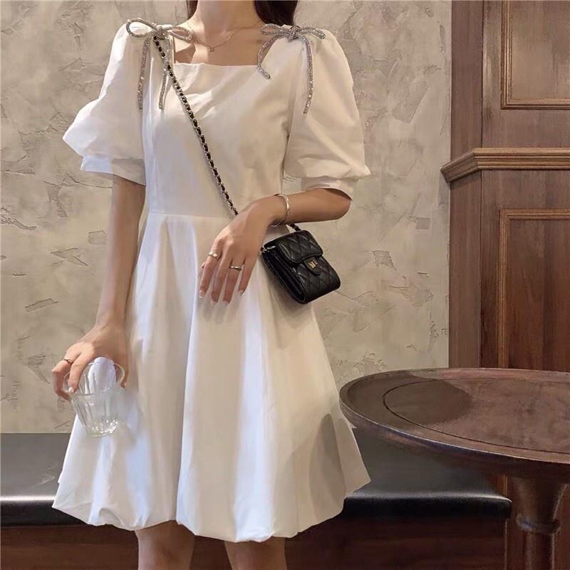 Đầm Nữ Vai Nơ Cổ Vuông Váy Nữ Cộc Tay Dáng Xòe
