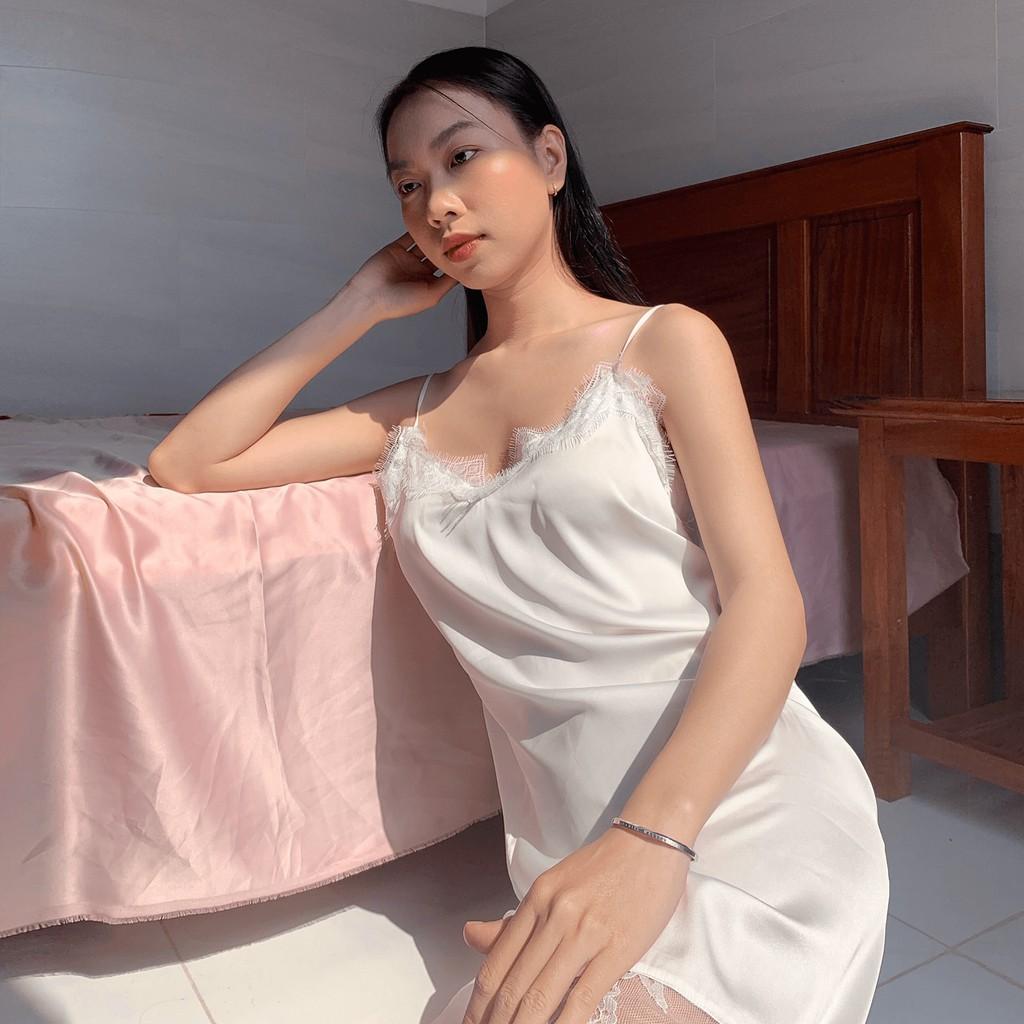 Set Đầm Váy Ngủ 2 Dây Sleepwear Quý Phái Cổ Tim Trắng Kem Chất Lụa Cao Cấp Phối Ren Sexy Mát Mịn