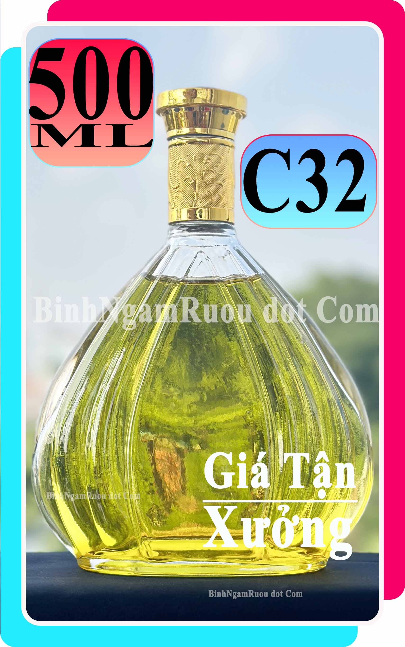 C32 Chai Đựng Rượu XO Quạt Nắp Vàng 500ml - Đẹp Cao Cấp - Nắp Kín Thủy Tinh Trong - Tặng Biếu Sang Trọng