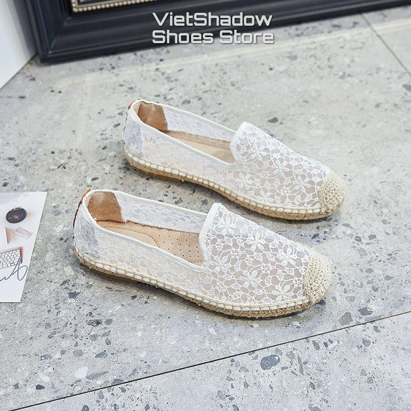 Slip on nữ - Giày lười vải lưới nữ đế cói - Chất liệu đế gai bện, vải ren lưới 2 màu đen và trắng - Mã A53