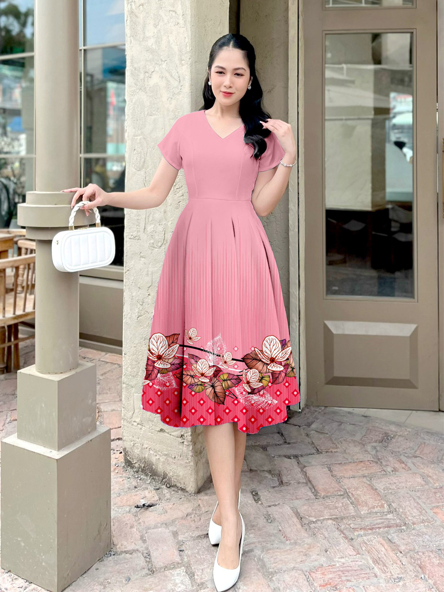 [HCM] Đầm xòe xếp li in chân hoa sang trọng MS076- Khánh Linh Style 