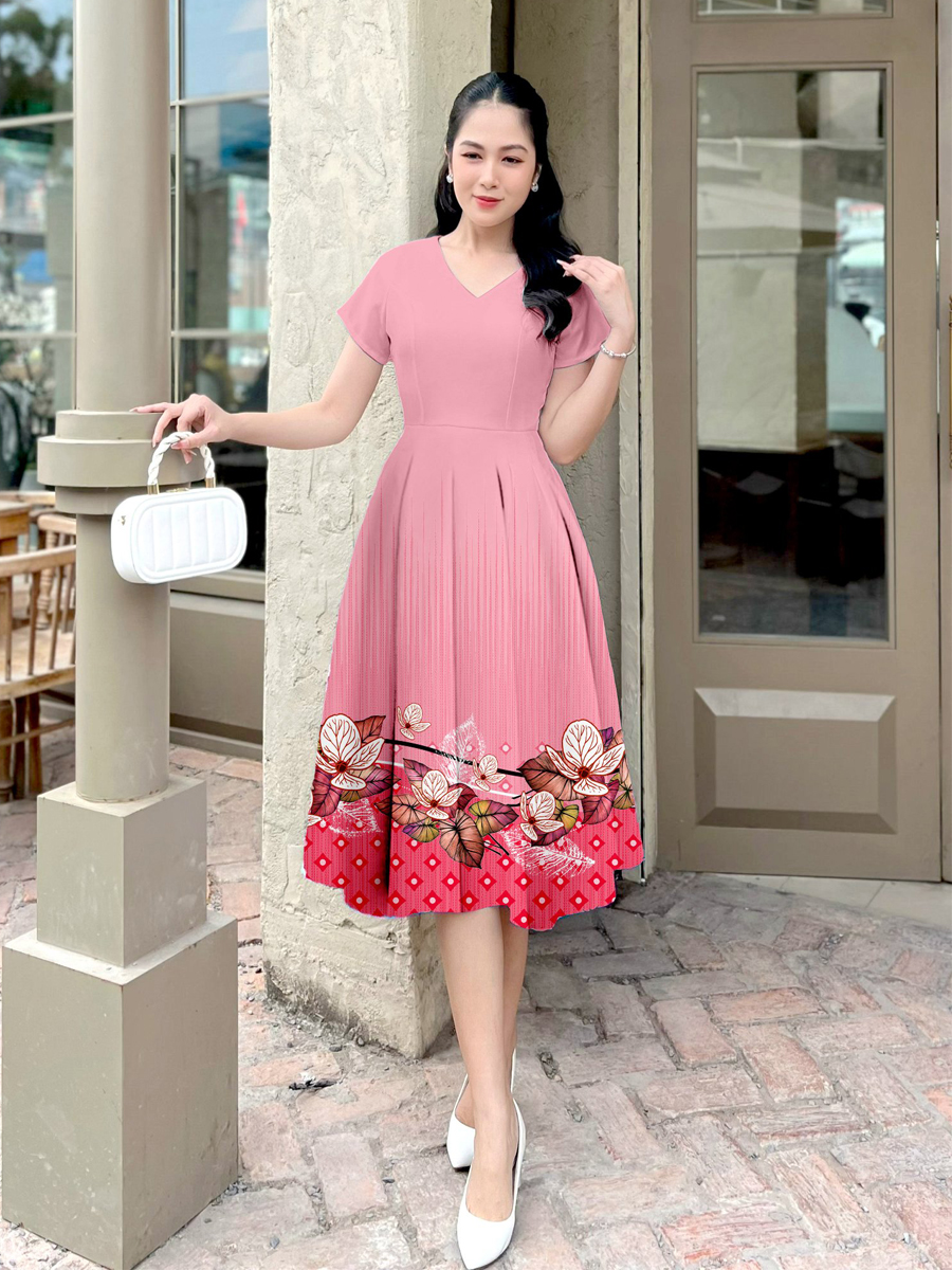 [HCM] Đầm xòe xếp li in chân hoa sang trọng MS076- Khánh Linh Style