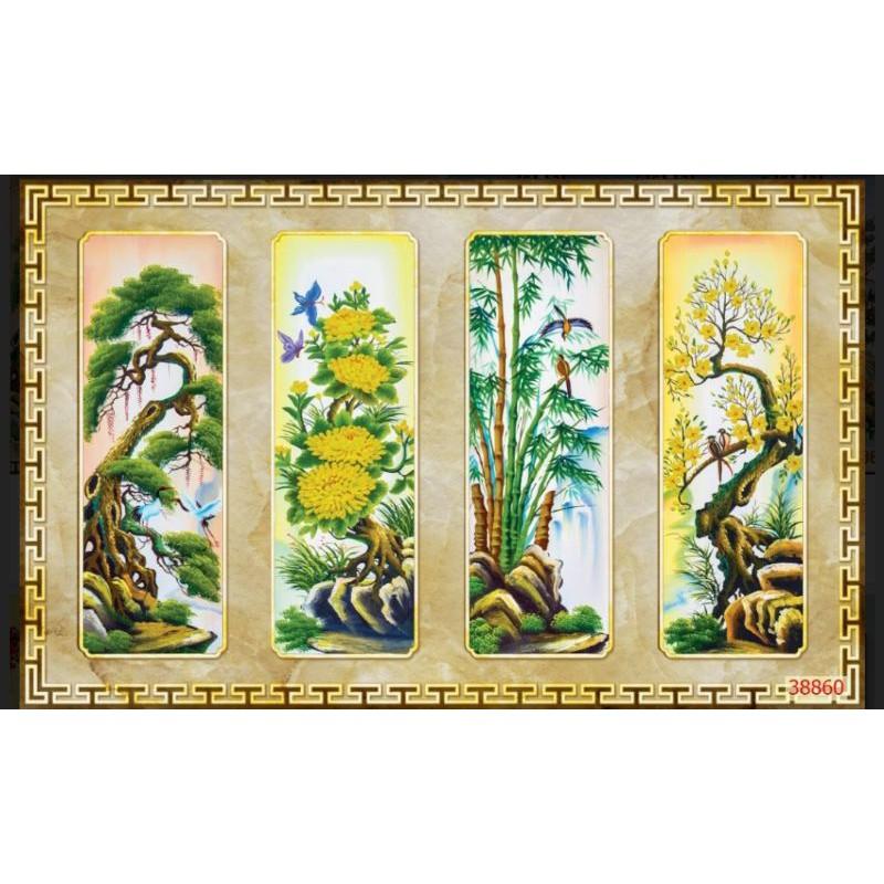 tranh tứ quý 3D dán kính 2 mặt 75x120cm