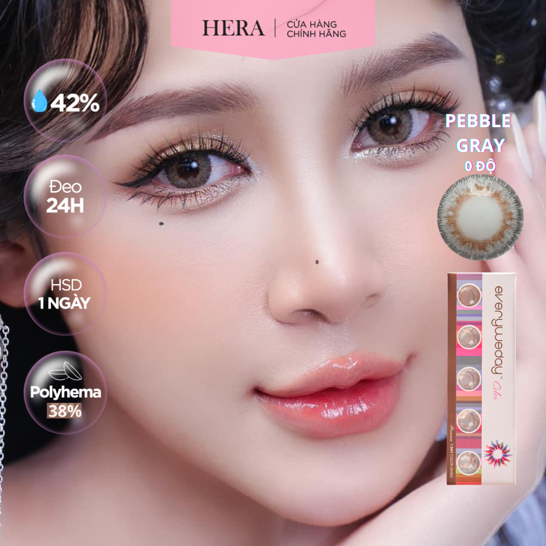 Kính Áp Tròng Hera Xám Sữa Trong Trẻo Không Độ PEBBLE GRAY Nhập Khẩu Hàn Quốc Lens Không Cận 1 Ngày