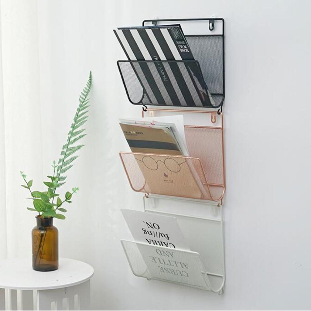 3X Wall Mount Metal Storage Basket Magazine Book Rack Shelf Holder Golden