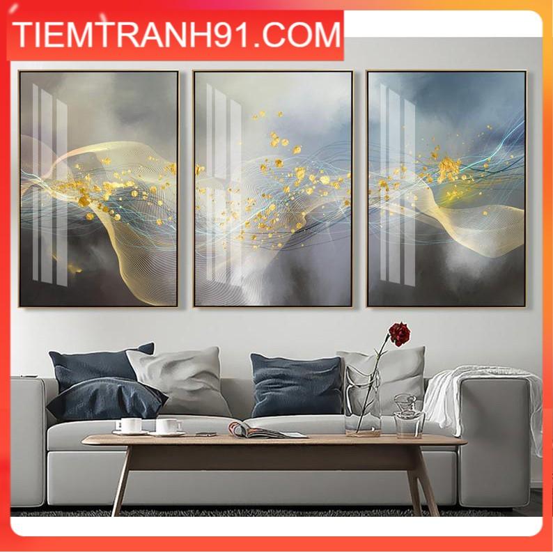 Tranh treo tường | Tranh bộ 3 bức trừu tượng light luxury golden line texture abstract artwork