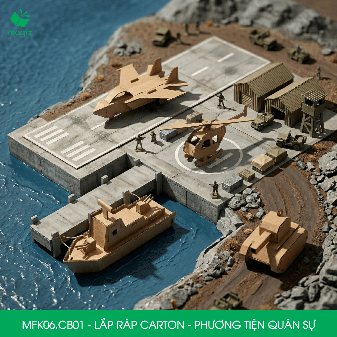 MFK06.CB01 - Combo 4 đồ chơi lắp ghép mô hình 3D giấy carton - xe tăng, tàu chiến, máy bay, trực thăng