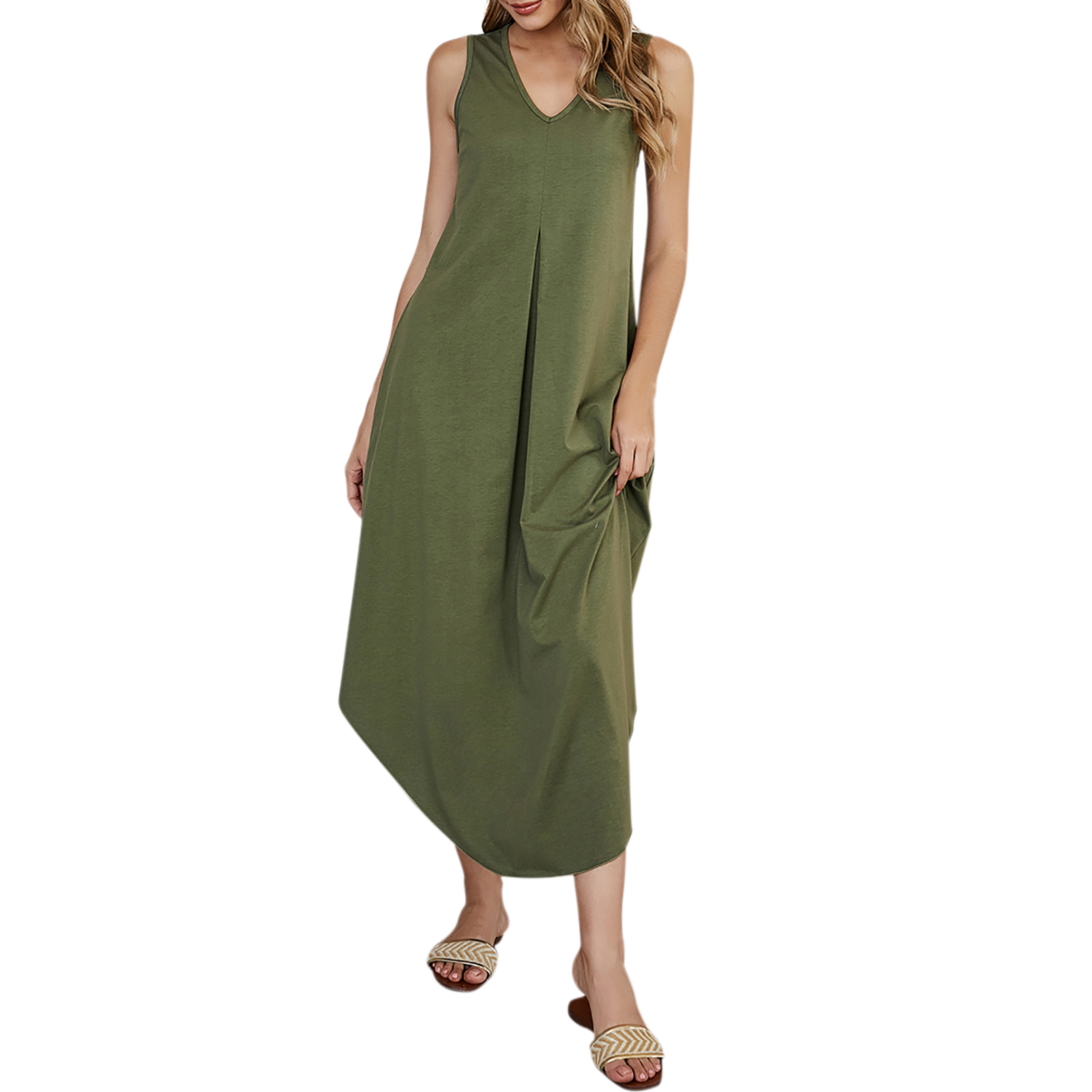 Women Asymmetrical Dress Sleeveless V Neck High Waist Casual Loose Summer Beach Cami Long Dress