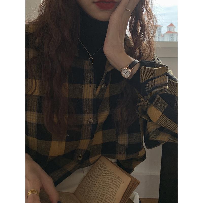 Áo sơ mi nữ Kẻ sọc caro Retro Form rộng Dài tay Cao cấp Thu Đông Ulzzang Hàn Quốc Sơ mi nữ Tay dài Thời trang