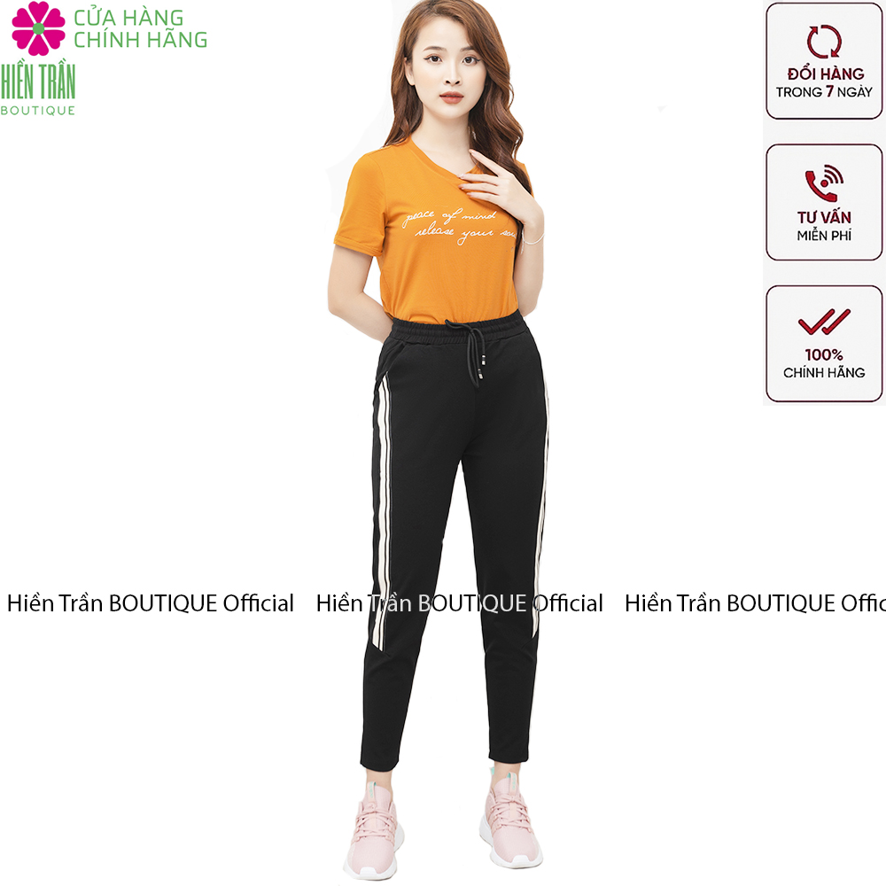 Quần jogger nữ Hiền Trần BOUTIQUE dáng dài cạp chun dây buộc, kiểu sọc to 2 bên