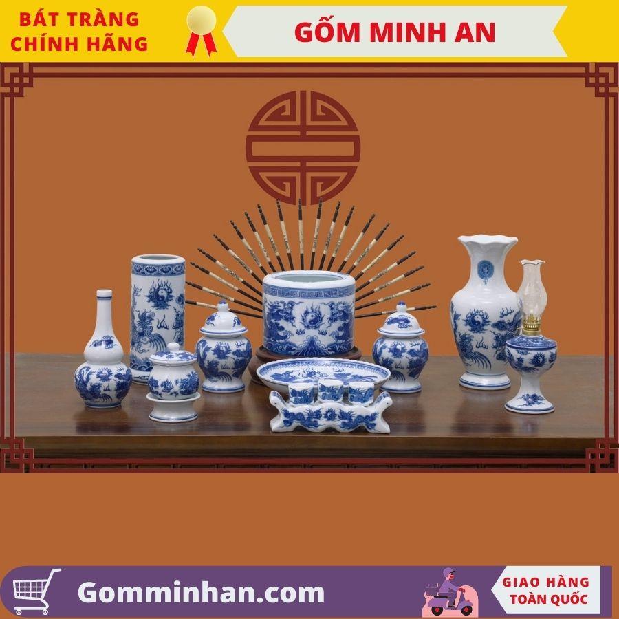 Bộ Kỷ Thờ Ngai 3 chén vẽ Hoa Sen Vẽ Rồng Cao Cấp- Gốm Sứ Bát Tràng- Gốm Minh An