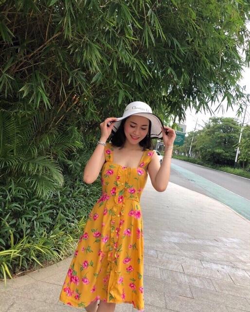 Đầm Hoa 2 Dây Bản To Cài Cúc Nhún Bèo - Hàng Đẹp