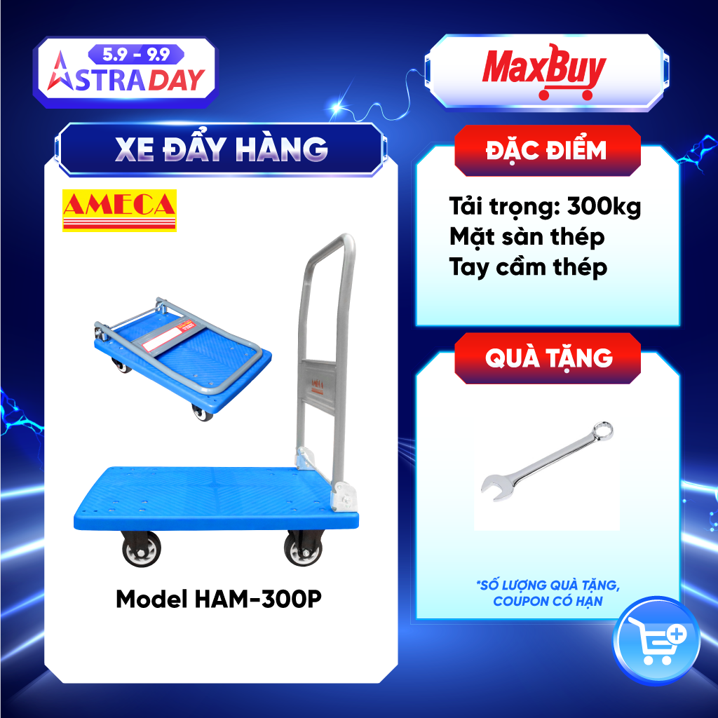 Xe Đẩy Hàng 4 Bánh Ameca HAM-300P- Sàn nhựa, Khung Thép, Giảm ồn, Gấp gọn, tải trọng 300kg - bảo hành 12 tháng