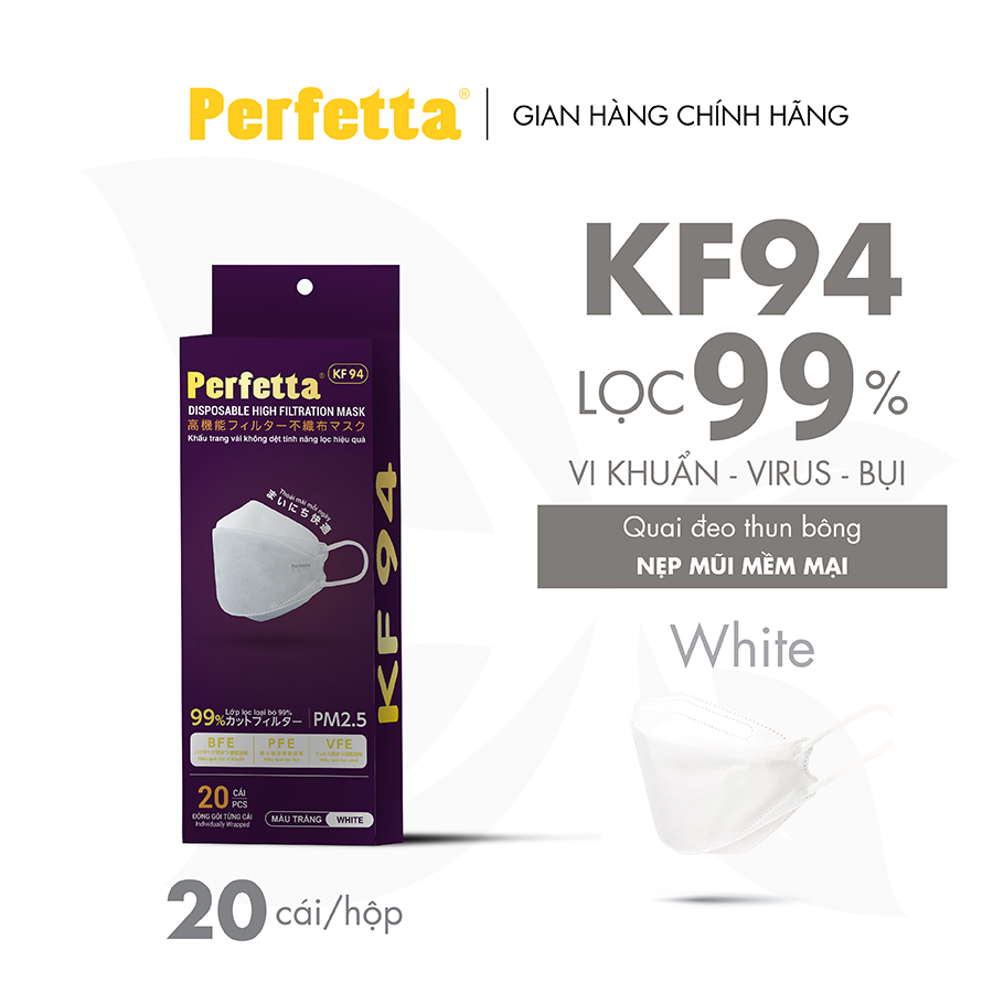 1 Hộp - Perfetta Kf94 - Khẩu Trang Phong Cách Hàn Quốc Chất Lượng Cao, Kháng Khuẩn, Chống Bụi Mịn, 3 Lớp, Bảo Vệ Tối Ưu, Đóng Gói Từng Cái - 20 Cáihộp - Màu Trắng