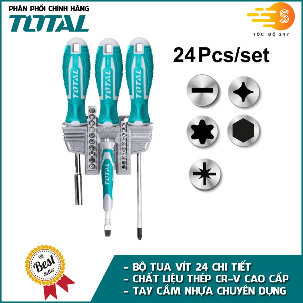 Bộ tua vít 24 chi tiết đa năng TOTAL TACSD302462 - Thép chuyên dụng CR-V, tay cầm nhựa chắc chắn