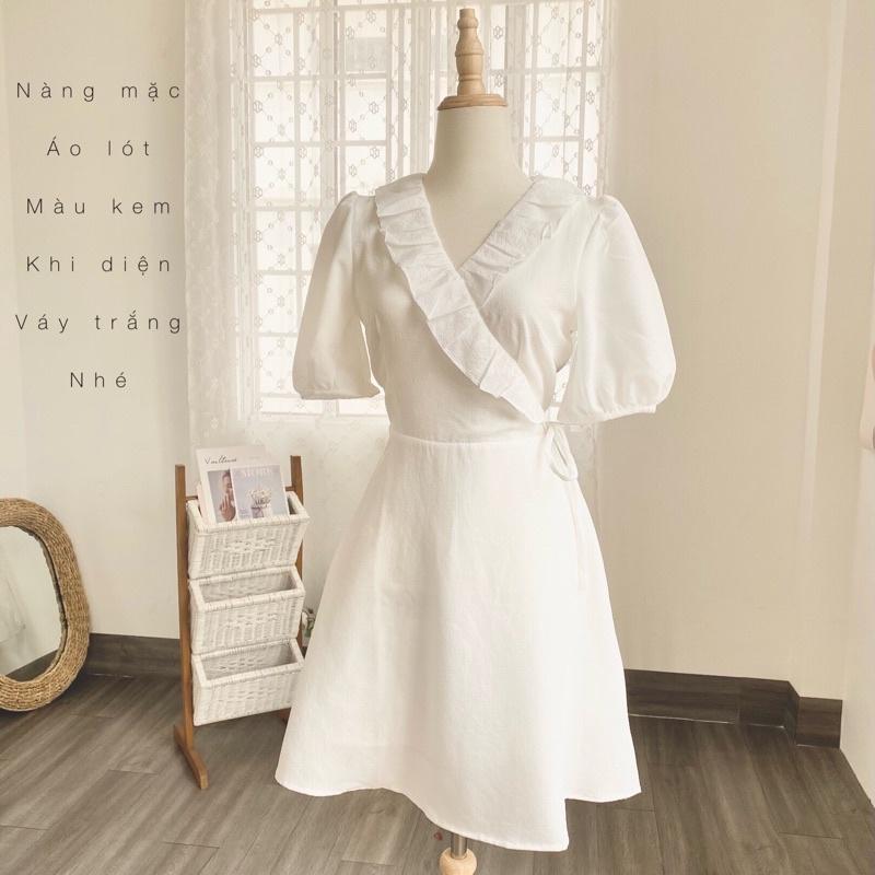 Váy trắng thiết kế dây bèo viền cổ V cột eo ngắn trên gối-NA7