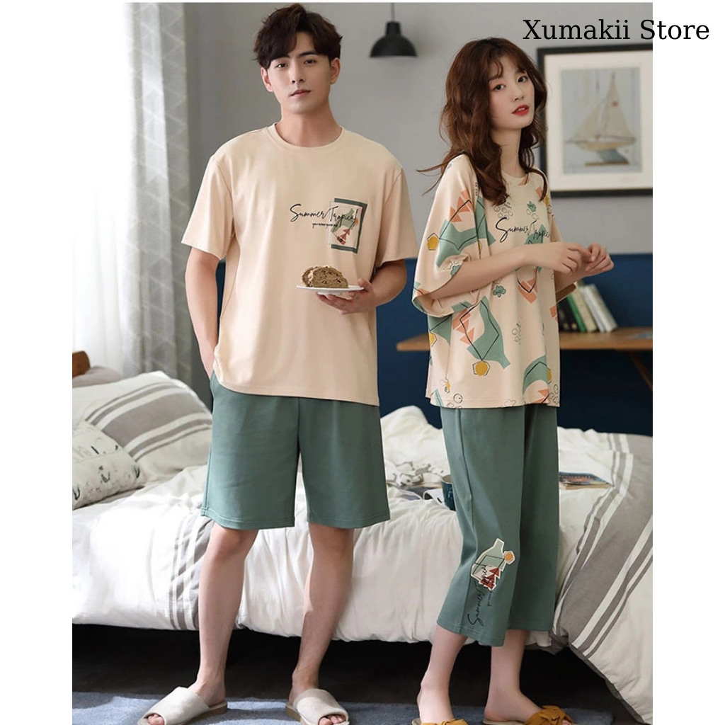 Bộ ngủ đôi nam nữ chất cotton cao cấp hoạ tiết xanh lá DOI01A