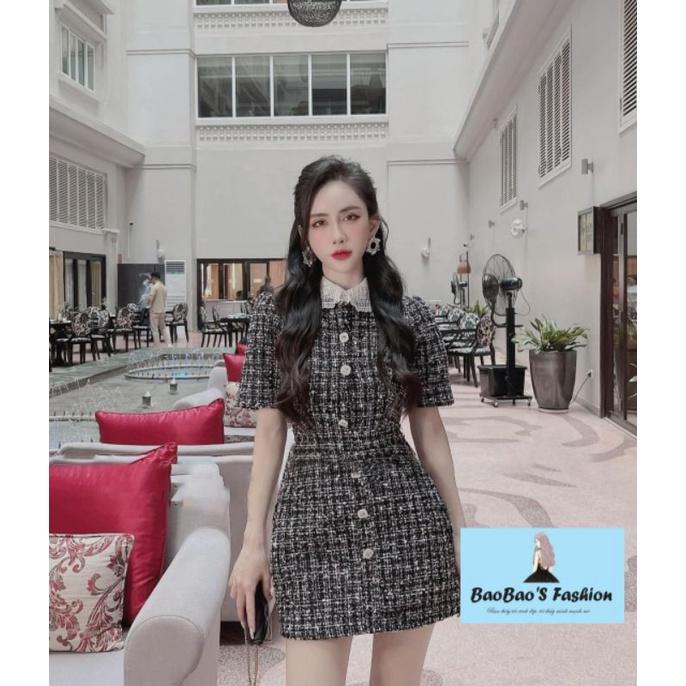 Đầm dạ 3 màu phối cổ ren cúc ngọc thanh lịch