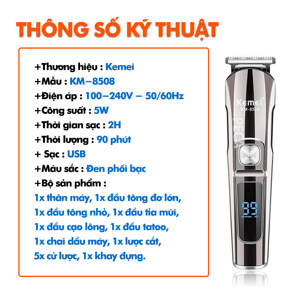 Tông đơ cắt tóc đa năng 11in1 Kemei KM-8508 nhiều đầu thay thế dùng cắt tóc, chấn viền, cạo râu, cạo lông, tỉa lông mũi, cạo chân mày,...có màn hình LED hiển thị điều chỉnh 2 mức tốc độ sạc nhanh 2h