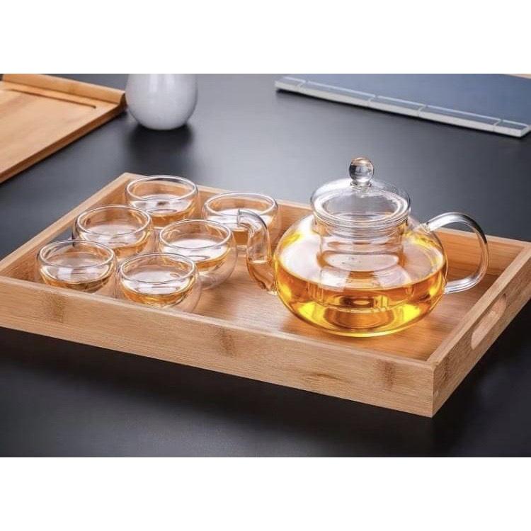 Hình ảnh Bộ ấm chén thủy tinh 6 cốc pha trà kèm khay gỗ tre