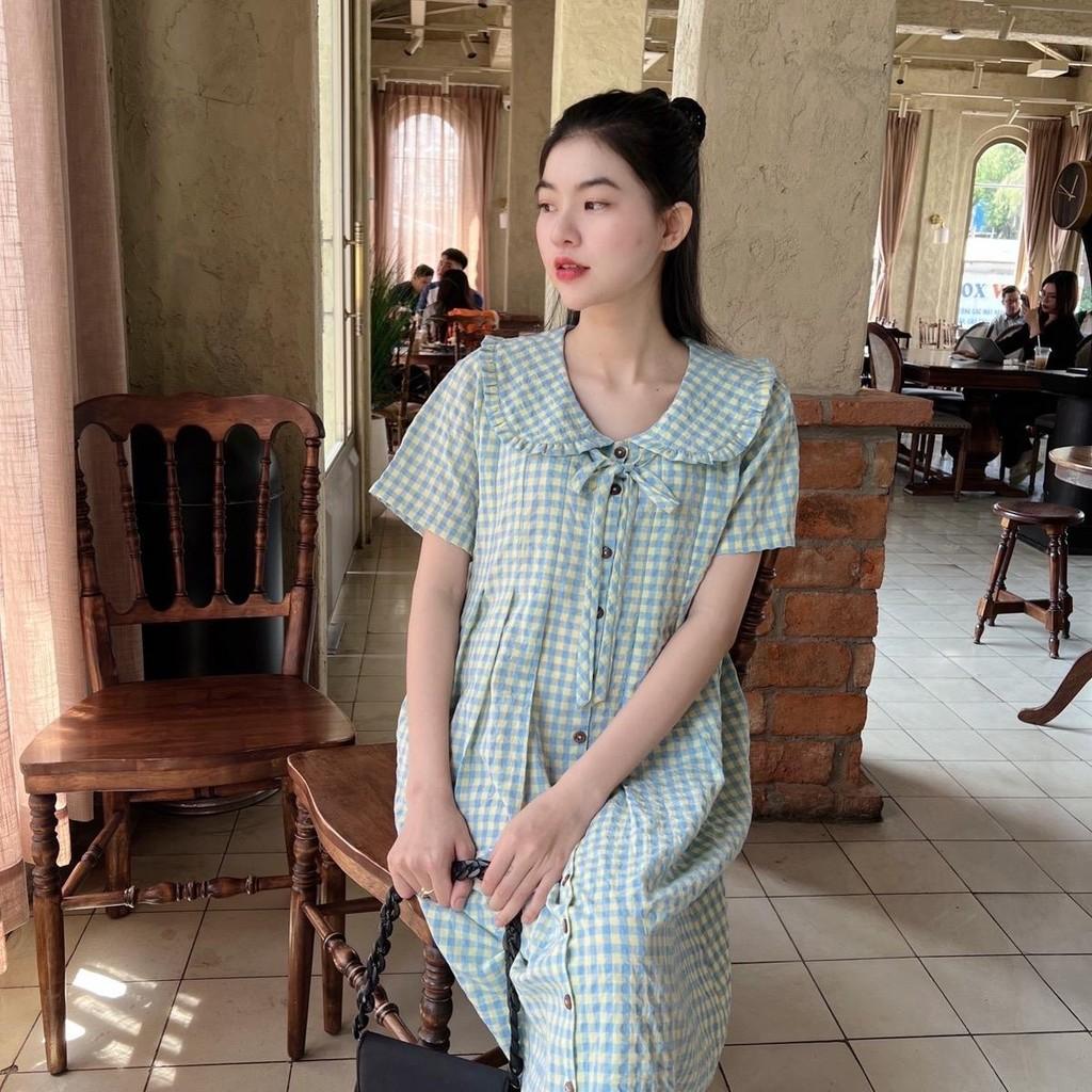 Đầm bầu karo cổ bèo thắt nơ dáng suông dễ thương, trẻ trung, năng động - Nâu