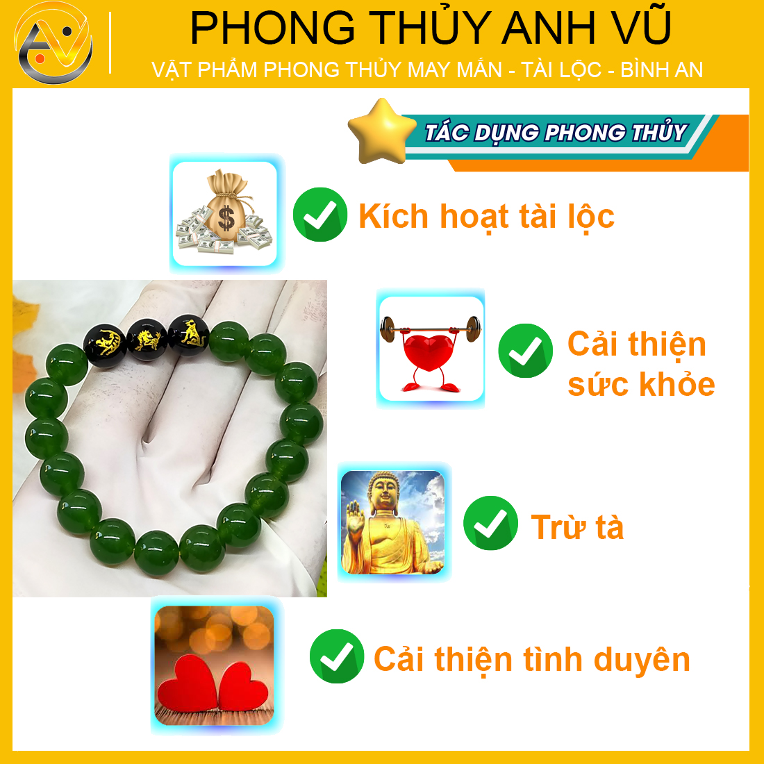 Vòng mã não xanh tự nhiên đã khai quang tam hợp dần ngọ tuất - size 8 10ly cho nữ - may mắn tài lộc - Vòng Tam Hợp Anh Vũ