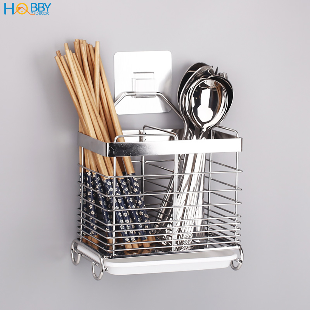 Kệ đựng đũa muỗng dán tường gạch men HOBBY Home Decor KDM05 2 ngăn - kèm miếng dán siêu dính