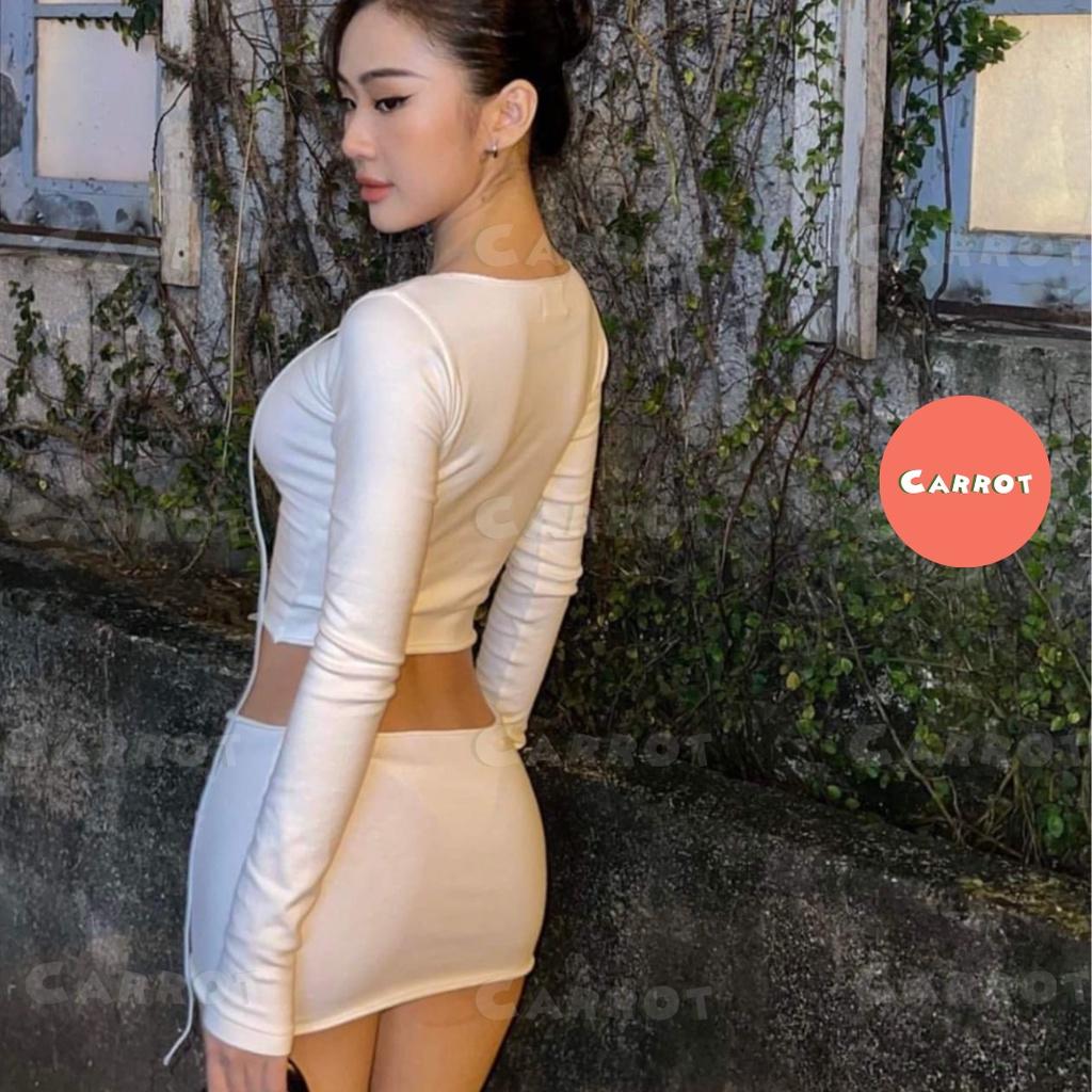 Áo croptop tay dài thiết kế dây chéo ôm ngực chân váy ngắn ôm body sexy thun cao cấp co giãn carroxinhdep