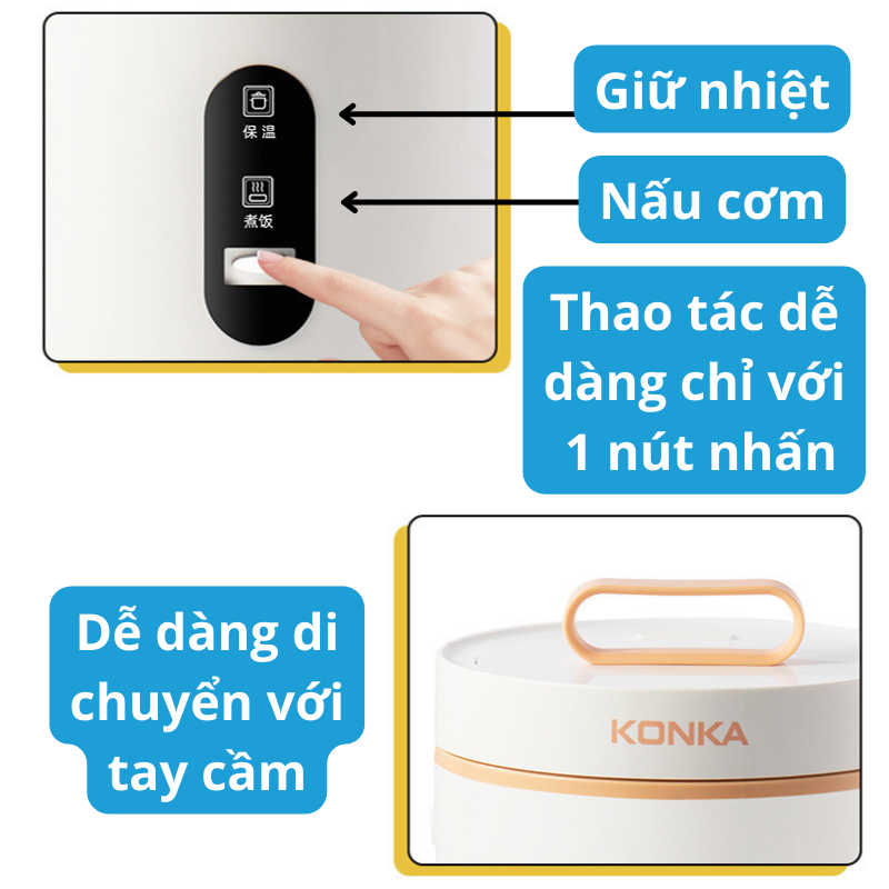 Nồi Cơm Điện Mini Đa Năng Konka KRC-16JX21 350W 1.6L Nấu Được Nhiều Món - Hàng Chính Hãng