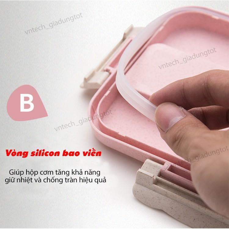 Hộp Đựng Cơm Văn Phòng, Hộp Đựng Cơm 3 ngăn lúa mạch kèm đũa thìa inox - Dùng được trong lò vi sóng -GD268