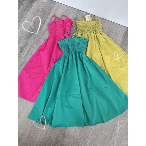Đầm maxi đi biển 2 dây nhún ngực cột dây nơ lưng mùa hè Ulzzang