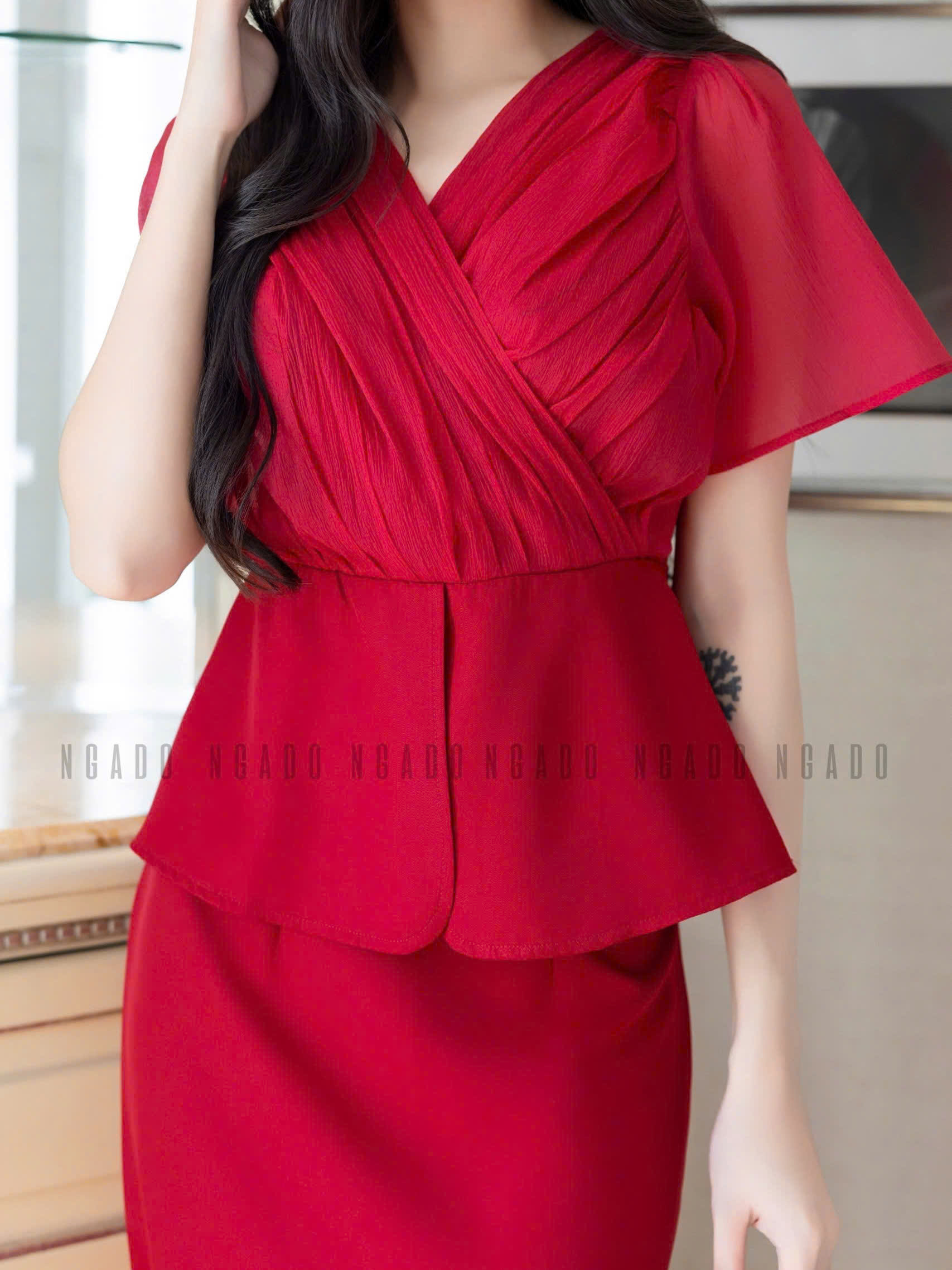 Set áo váy đỏ cổ tim NGADO , Set đồ nữ , Set áo váy thiết kế