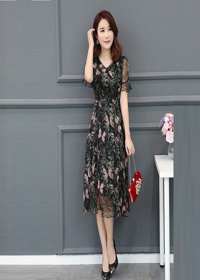 Đầm Xòe Voan Hoa 3D Tay Loe Cao Cấp