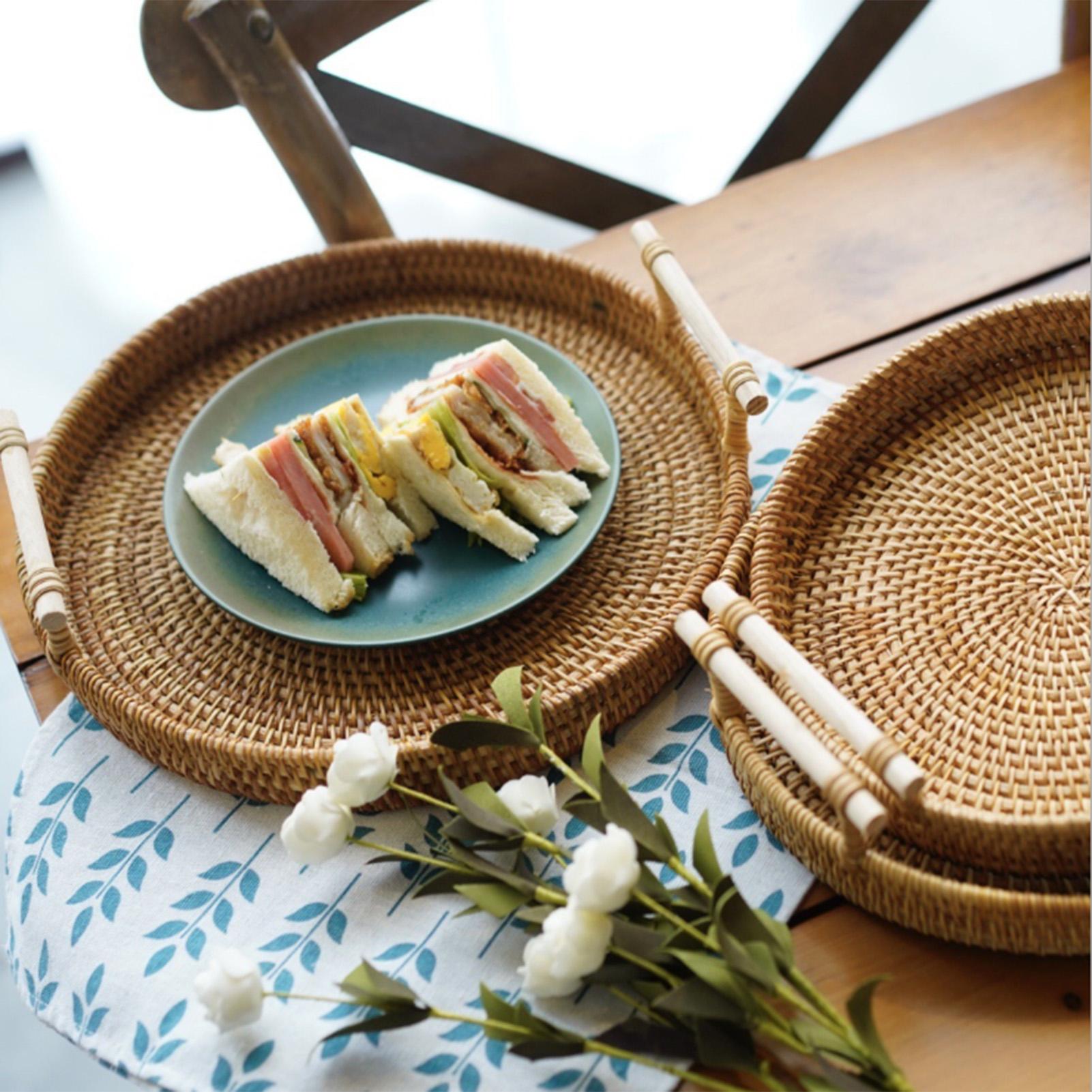 Khay phục vụ có tay cầm,Giỏ bánh mì hình tròn bằng mây đan