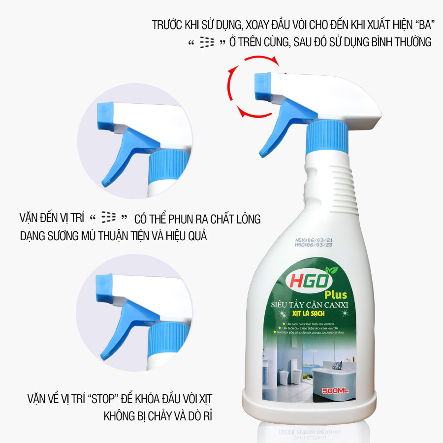 Tẩy cặn canxi nhà tắm HGO PLUS làm sạch vòi sen inox, vách kính, bồn sứ, gạch men an toàn, tiện lợi, hiệu quả 500ml
