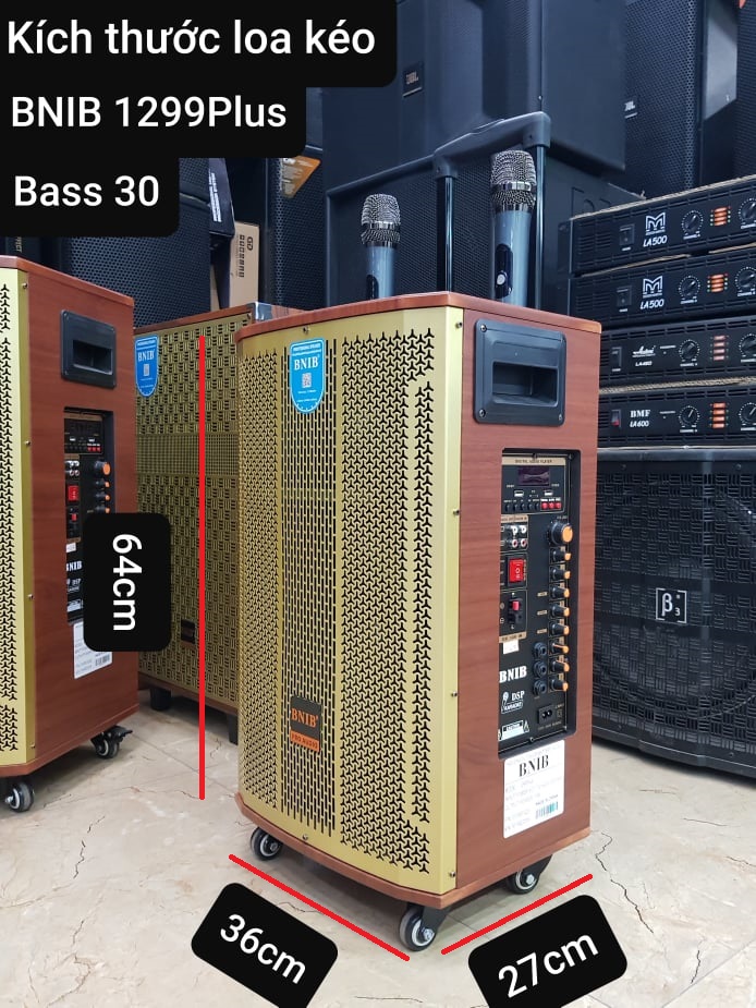 Loa kéo Karaoke Bluetooth BNIB 1299Plus: Bass 30, Thiết kế 3 loa, Công suất 350W, Chống hú tốt. 2 Micro không dây